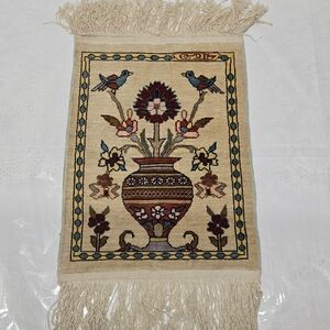 Vintage Persian Handknotted Fringed Mat Birds Floral Small Tapestry Rag 20"x10"